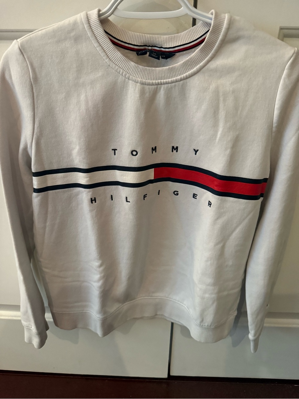 Tommy Hilfiger White Crewneck Sweater with Navy and Red Stripe